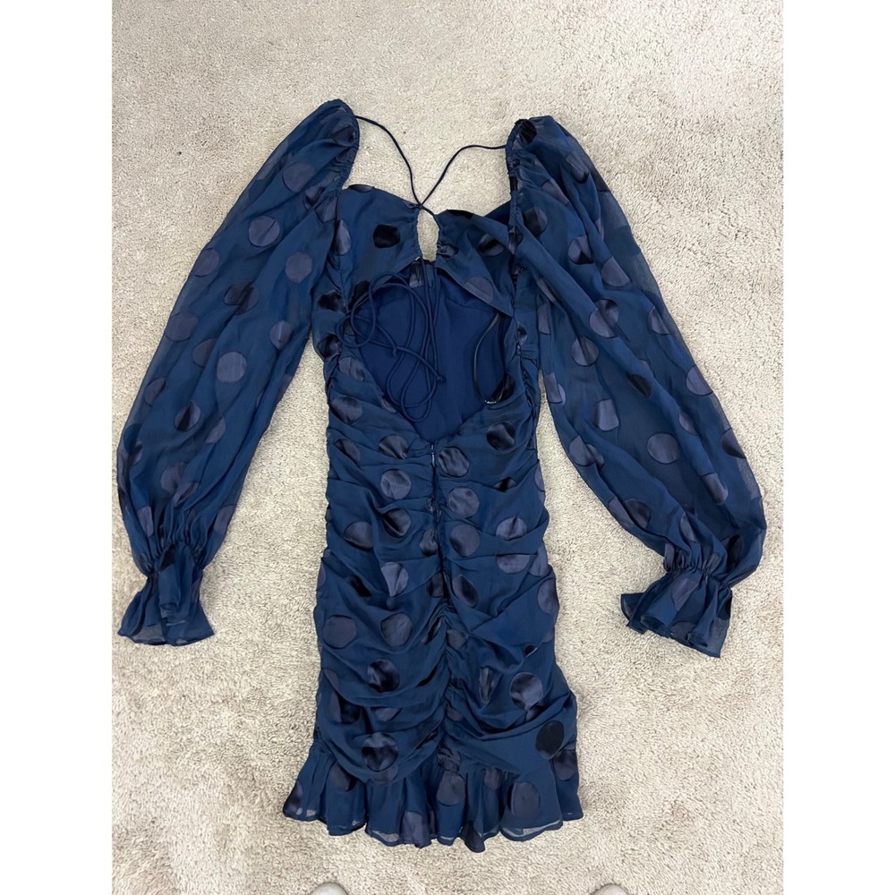 For Love & Lemons Lula Mini Dress Women XS Navy Blue Polka Dot Ruched - Picture 2 of 9